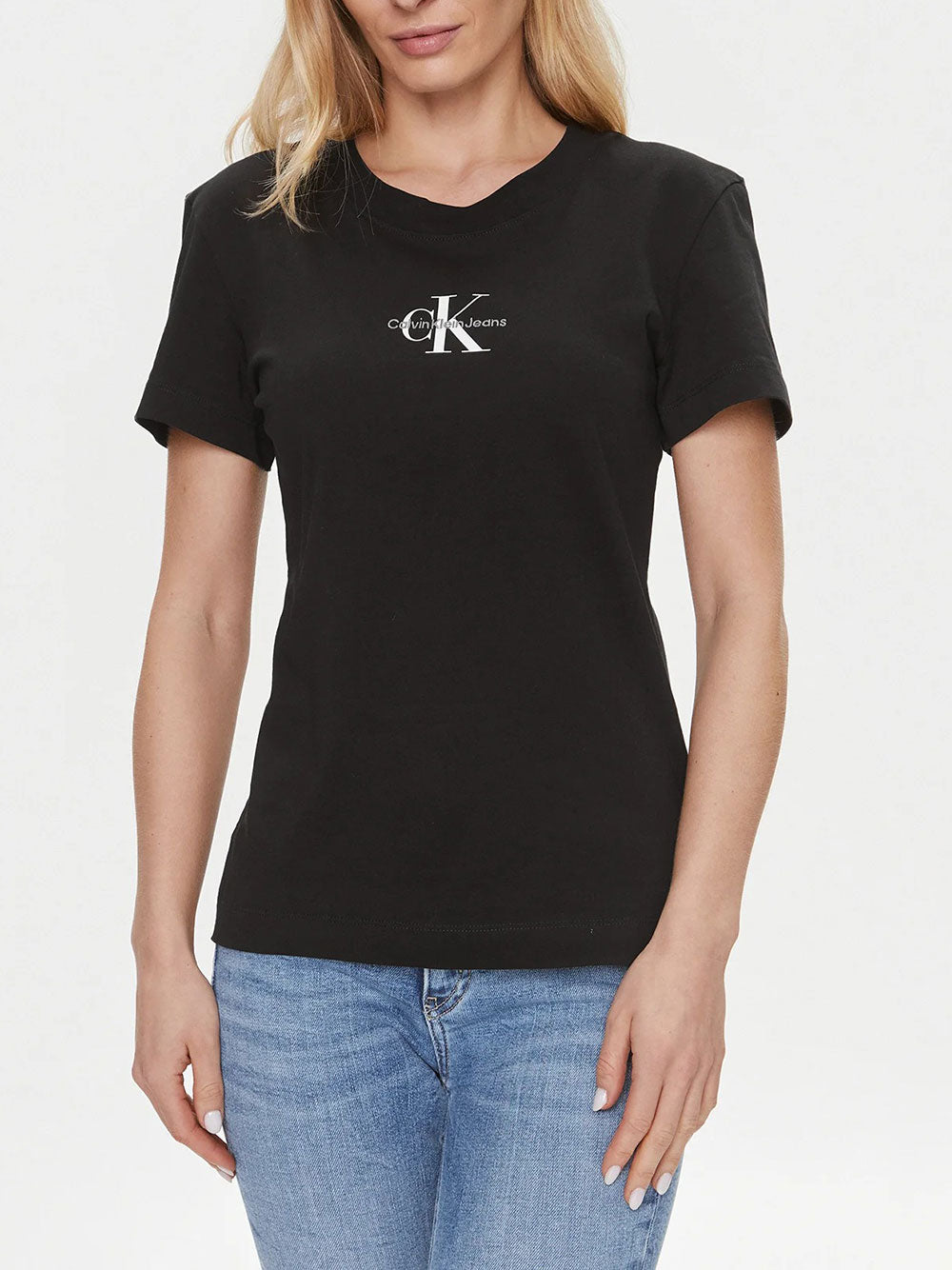 T-shirt Calvin Klein Monologo Slim da Donna - Nero