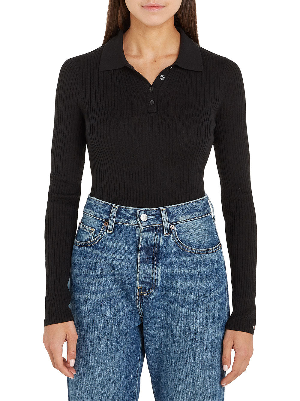 Polo Tommy Hilfiger Fine Ribs Sweater da Donna - Nero