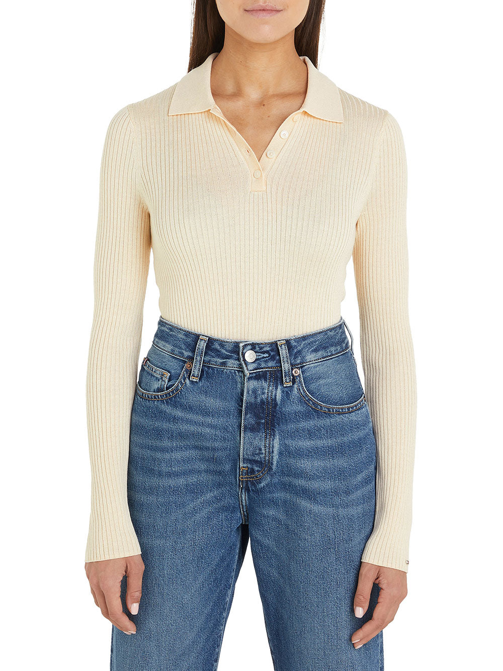 Polo Tommy Hilfiger Fine Ribs Sweater da Donna - Avorio