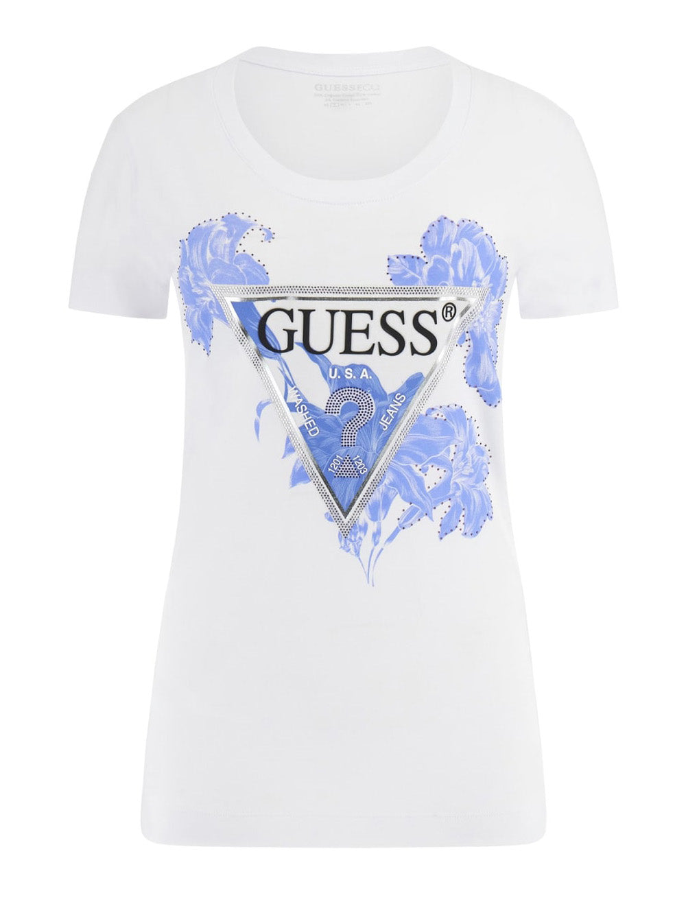 T-shirt Guess Flower Triangle da Donna - Bianco