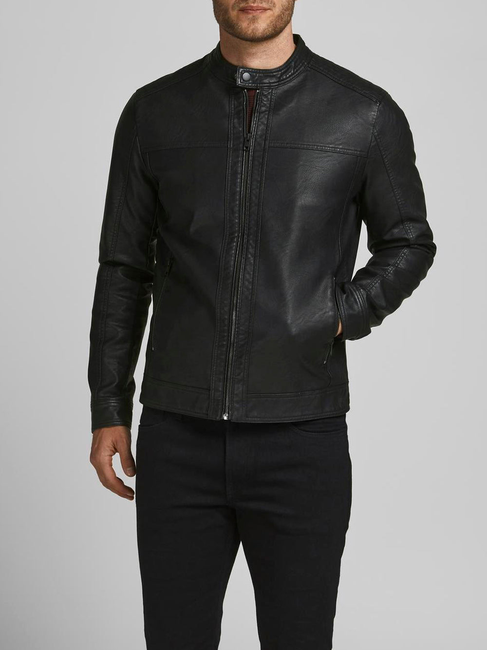 Giubbino di Pelle Jack e Jones Warner da Uomo - Nero