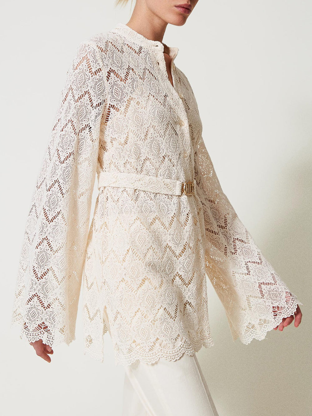 Camicia Twin Set Pizzo Maxi da Donna - Beige