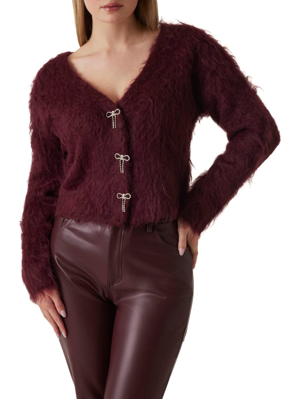Cardigan Guess Tomiko Bow Button da Donna - Bordeaux