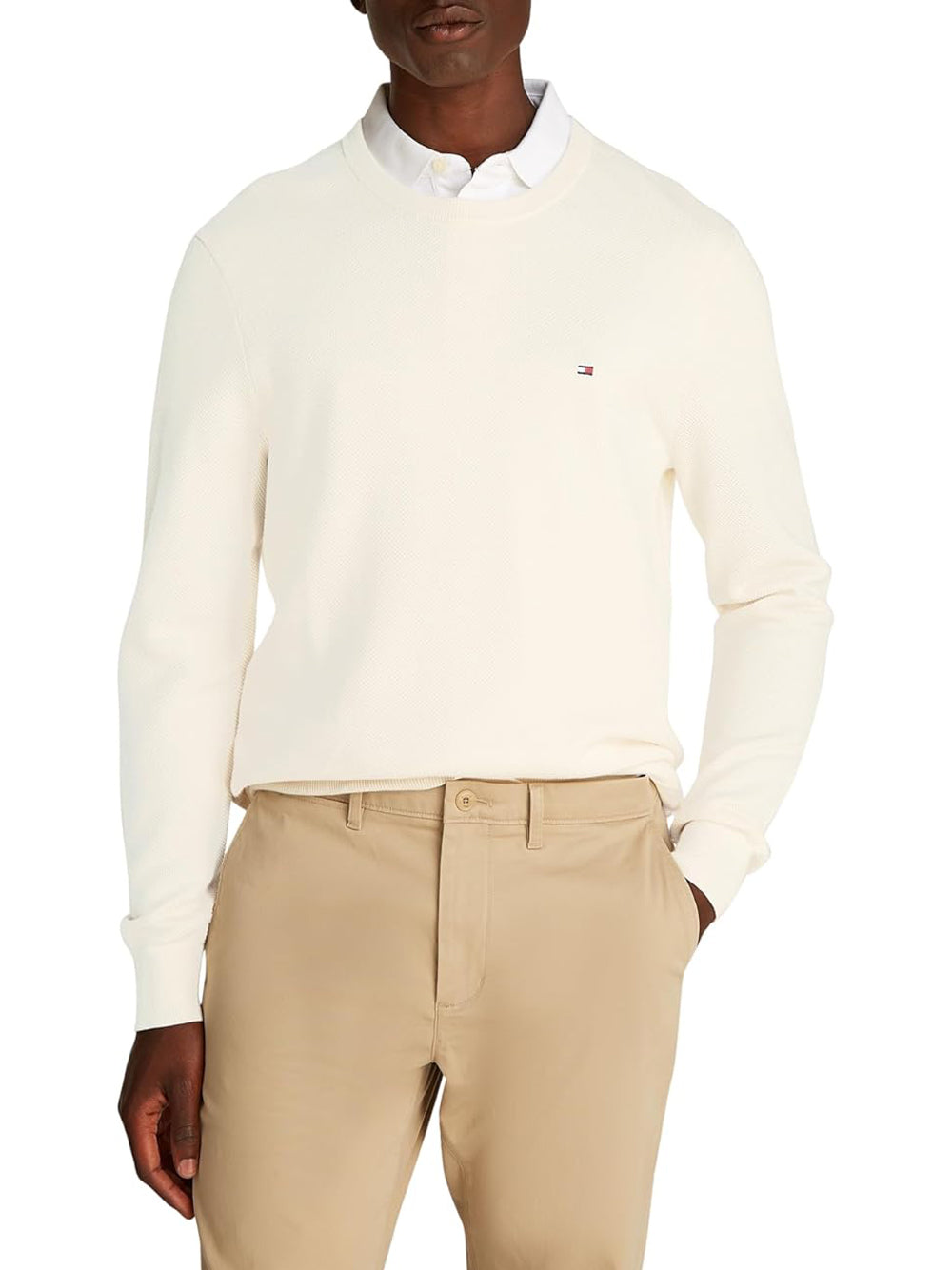 Tommy Hilfiger Maglione Girocollo Uomo Mod. MW0MW36347 ZOO Latte Bianco
