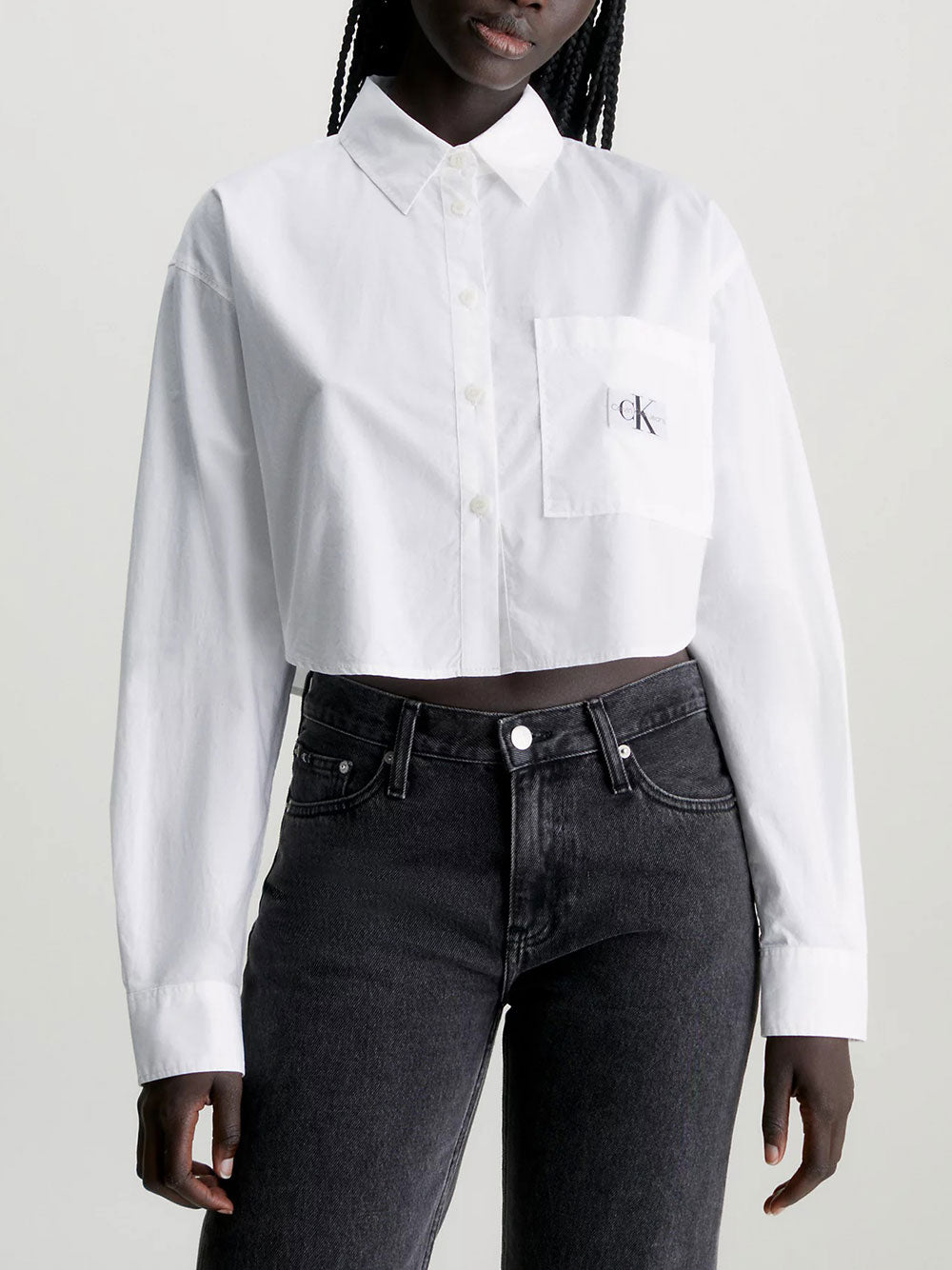 Camicia Casual Calvin Klein Woven Label Cropped da Donna - Bianco