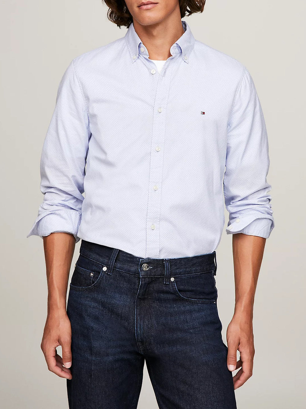 Camicia Classica Tommy Hilfiger Flex Mini Print da Uomo - Celeste