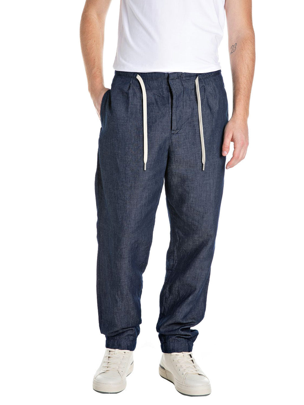 Pantalone Jogger Replay Cotton Linen Indigo da Uomo - Blu