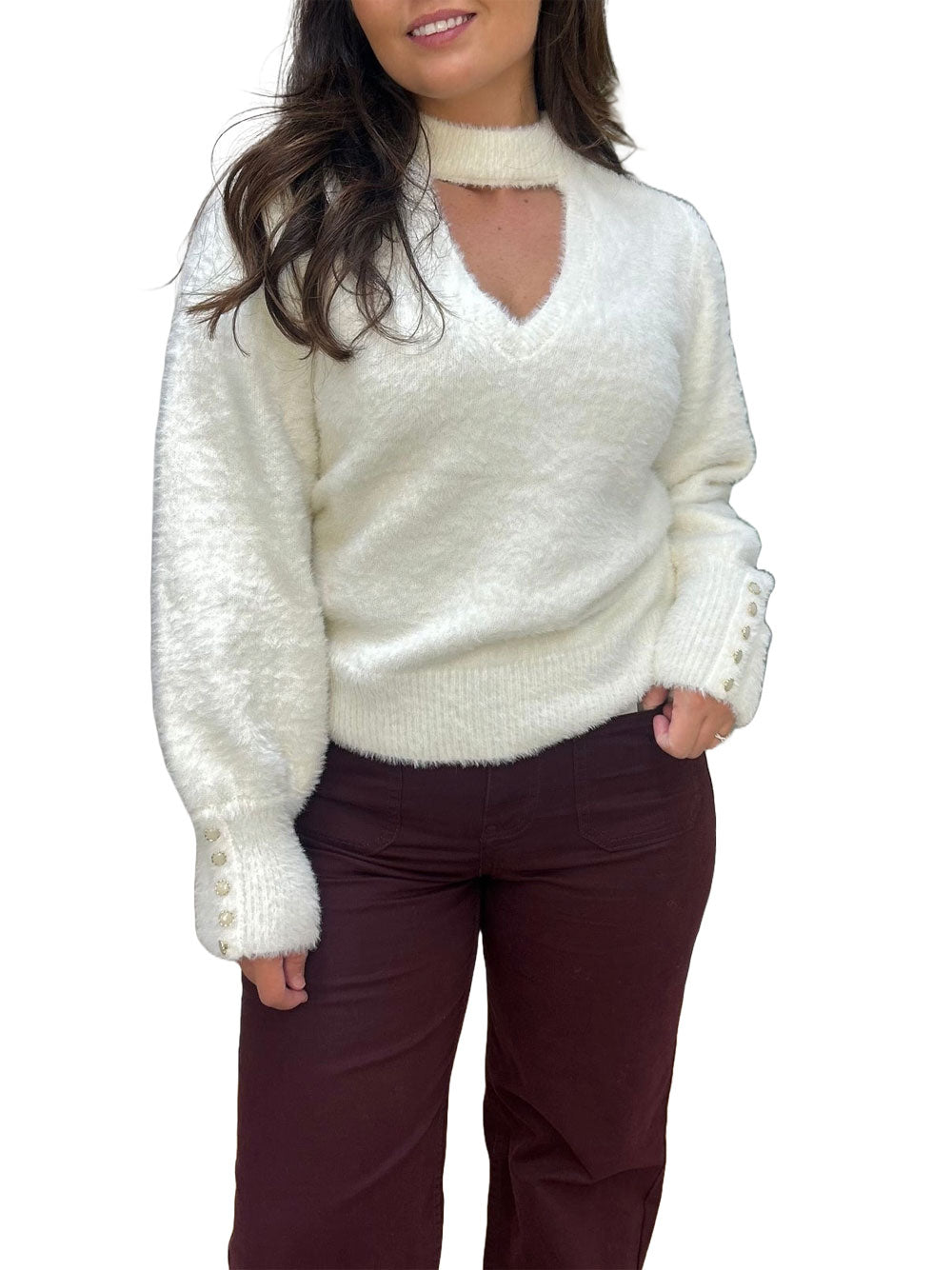 Maglione Guess Yuki Fuz Cut Out da Donna - Bianco