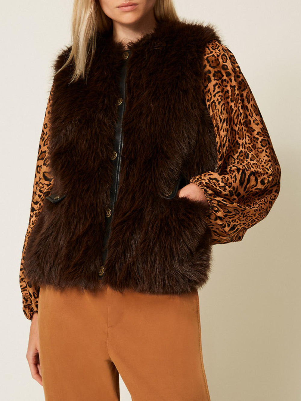 Gilet Twin Set Pelliccia Eco da Donna - Nero Marrone