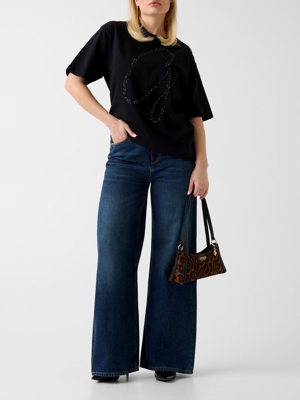 T-shirt Guess Maxi G Studsda Donna - Nero