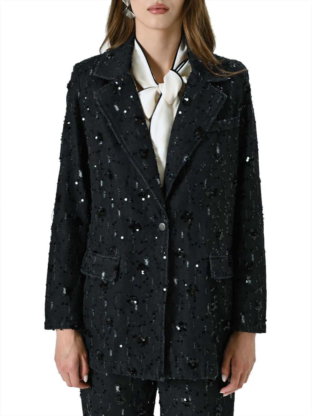 Rinascimento Giacca dritta in Denim con Decoro Paillettes Nero