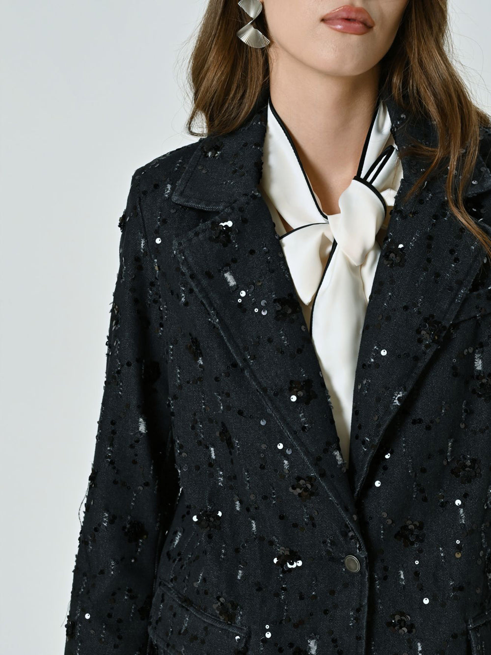 Rinascimento Giacca dritta in Denim con Decoro Paillettes Nero