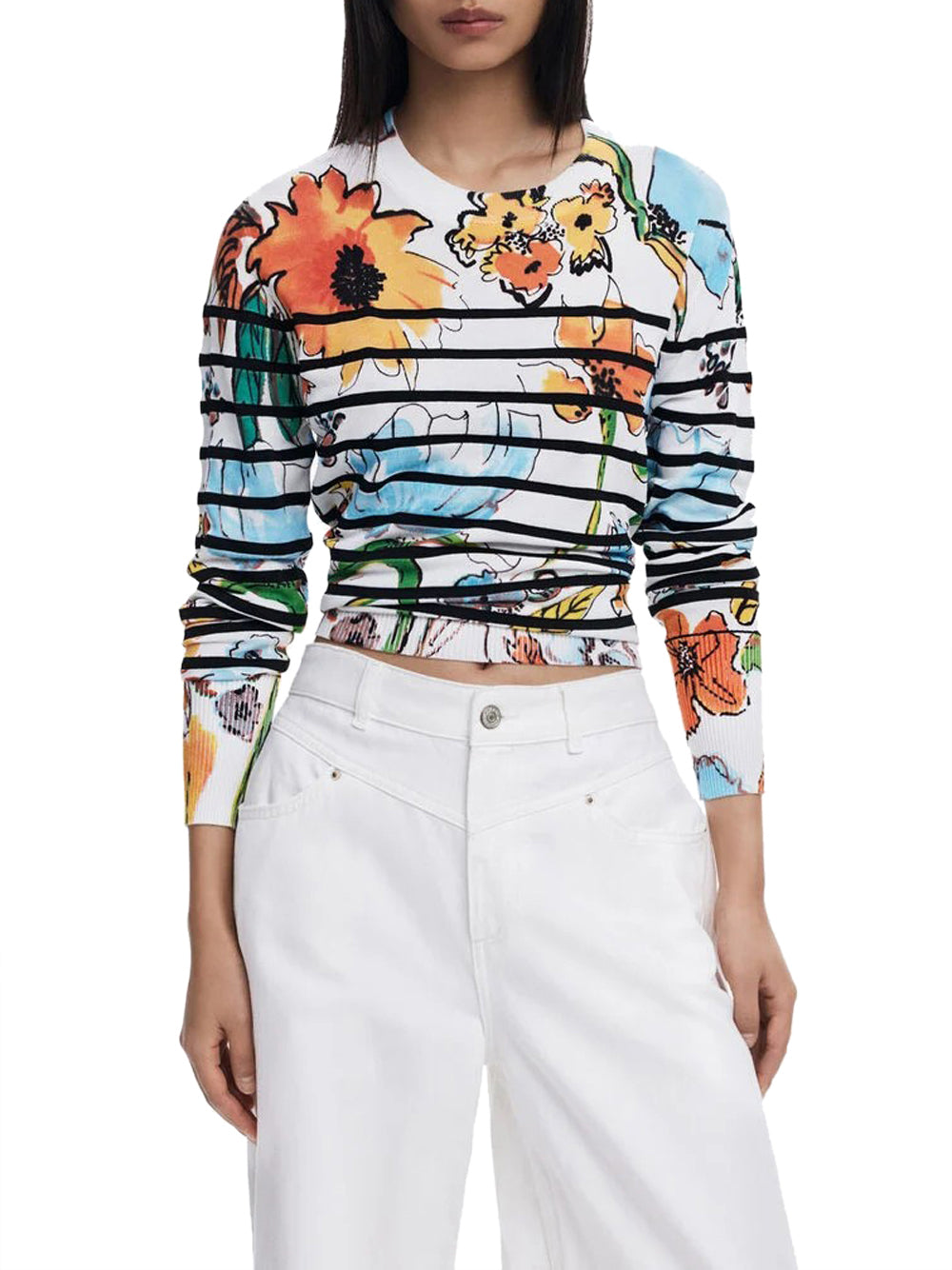 Desigual Maglia a righe con fiori Bianco